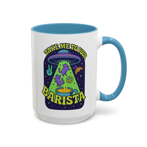 White ceramic coffee mug with a bright yellow handle and interior, featuring a printed alien abduction design with two purple cats, peace signs, and the phrase “Take Me to Your Barista” in green and purple text.