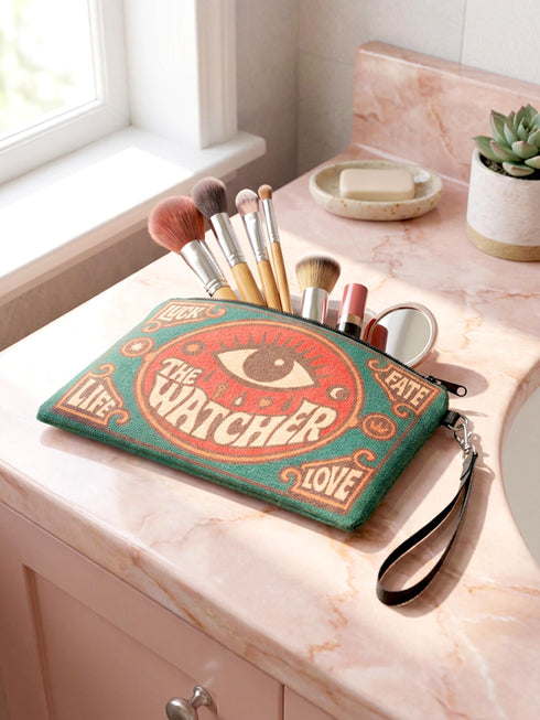 A rectangular 9x6 inch makeup bag and zipper pouch featuring a textured linen-like polyester fabric. The bag showcases a bold, maximalist print with vivid colors typical of retro 70s and pastel goth aesthetics, centering on a large mystic eye design labeled "The Watcher." It features a sturdy black zipper across the top and includes a removable black nylon wristlet strap.Perfect for use as a pencil case, cosmetic organizer, or festival wristlet.