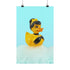 A chic rubber duck styled like Audrey Hepburn’s Holly Golightly, wearing a high bun, yellow bow, black gloves, and a sparkly choker. The duck floats in a pile of foam and is framed in white on a bubbly bathroom shelf with a red tile backdrop and soap dispenser.