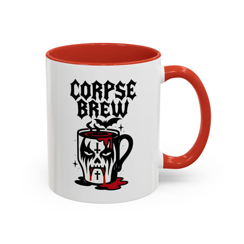 White ceramic coffee mug with “Corpse Brew” text and a spooky cartoon vampire face on a coffee pot. Available in black or orange handle and inner color variations. Standard 11 oz size. Glossy finish with a bold Halloween-inspired gothic design, perfect for horror fans, spooky coffee lovers, or goth kitchen aesthetics.