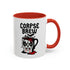 White ceramic coffee mug with “Corpse Brew” text and a spooky cartoon vampire face on a coffee pot. Available in black or orange handle and inner color variations. Standard 11 oz size. Glossy finish with a bold Halloween-inspired gothic design, perfect for horror fans, spooky coffee lovers, or goth kitchen aesthetics.