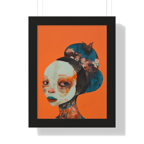 Avant-garde digital portrait of an African woman with striking features against a vivid orange background. An elaborate headdress of dark, floral elements creates a stunning contrast, embodying surrealist themes and African cultural motifs.