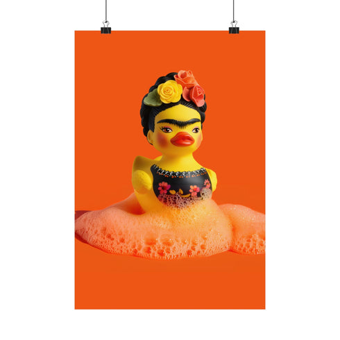 A vibrant fine art print of a rubber duck inspired by Frida Kahlo, complete with bold unibrow, floral crown, and traditional embroidered blouse. Framed in a red sculptural frame, the duck floats in orange-tinted bubbles against a deep orange backdrop and violet wall.