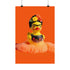 A vibrant fine art print of a rubber duck inspired by Frida Kahlo, complete with bold unibrow, floral crown, and traditional embroidered blouse. Framed in a red sculptural frame, the duck floats in orange-tinted bubbles against a deep orange backdrop and violet wall.