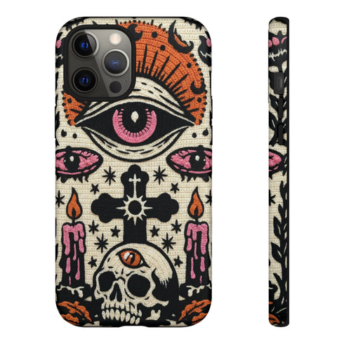 Gothic Faux Crochet Phone Case - Whimsigoth Evil Eye Skull Cover