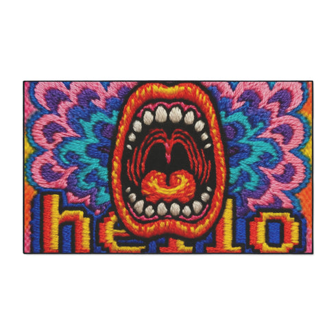 A rectangular indoor and outdoor doormat featuring a vibrant, psychedelic design. The central graphic is a large, open screaming red and orange mouth with white teeth, surrounded by highly saturated wavy, trippy patterns in blue, purple, magenta, and teal. Yellow stylized text reading HELLO is integrated into the pattern. The mat has a smooth 2D flat print surface that mimics the look of textured chainstitch embroidery, finished with a solid black fabric trim around all four outer edges.
