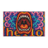 A rectangular indoor and outdoor doormat featuring a vibrant, psychedelic design. The central graphic is a large, open screaming red and orange mouth with white teeth, surrounded by highly saturated wavy, trippy patterns in blue, purple, magenta, and teal. Yellow stylized text reading HELLO is integrated into the pattern. The mat has a smooth 2D flat print surface that mimics the look of textured chainstitch embroidery, finished with a solid black fabric trim around all four outer edges.
