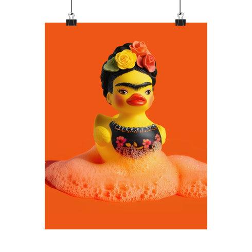 A vibrant fine art print of a rubber duck inspired by Frida Kahlo, complete with bold unibrow, floral crown, and traditional embroidered blouse. Framed in a red sculptural frame, the duck floats in orange-tinted bubbles against a deep orange backdrop and violet wall.