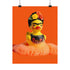 A vibrant fine art print of a rubber duck inspired by Frida Kahlo, complete with bold unibrow, floral crown, and traditional embroidered blouse. Framed in a red sculptural frame, the duck floats in orange-tinted bubbles against a deep orange backdrop and violet wall.