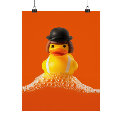 A fine art print of a rubber duck dressed like Alex from A Clockwork Orange, featuring a black bowler hat, blunt bob, and white suspenders. The duck floats in orange-tinged bubbles and is framed in white on a glossy pink tile bathroom shelf.