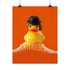 A fine art print of a rubber duck dressed like Alex from A Clockwork Orange, featuring a black bowler hat, blunt bob, and white suspenders. The duck floats in orange-tinged bubbles and is framed in white on a glossy pink tile bathroom shelf.