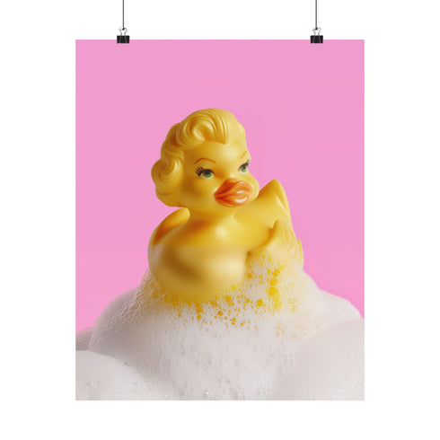 A fine art print of a glamorous rubber duck styled like Marilyn Monroe, with short curled blonde hair and soap bubbles. Displayed in a gold ornate frame against a pink wall with orange bead curtains.