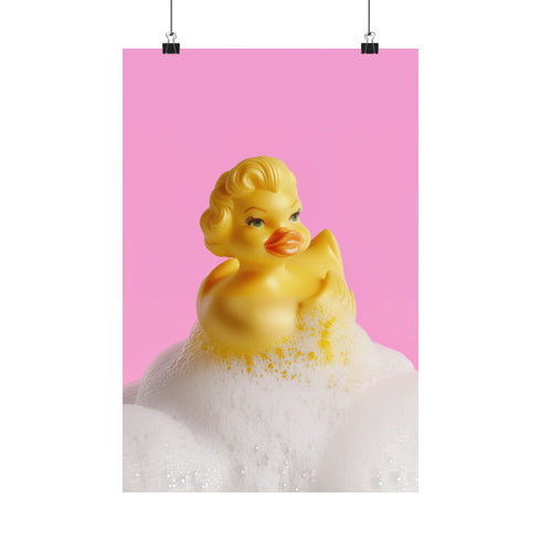 A fine art print of a glamorous rubber duck styled like Marilyn Monroe, with short curled blonde hair and soap bubbles. Displayed in a gold ornate frame against a pink wall with orange bead curtains.