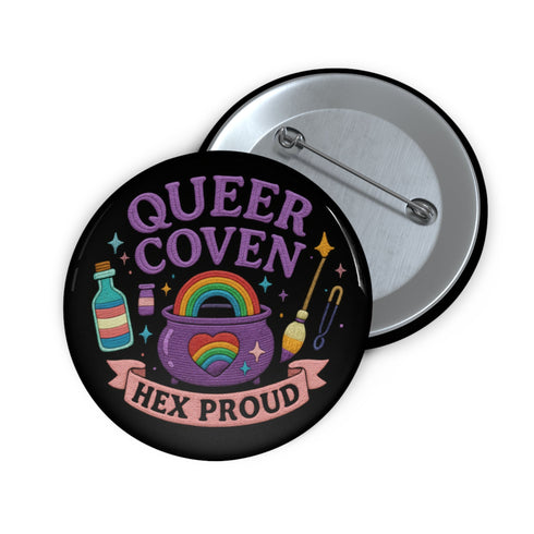 Glossy black pinback button with pastel artwork of a bubbling cauldron, rainbow, potion bottles, and tools. Text reads “Queer Coven, Hex Proud.” Styled with tarot cards, corsets, candles, and a hand holding the pin against a pink graffiti wall.