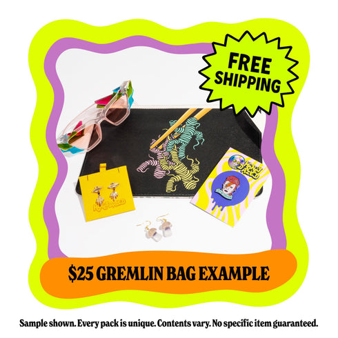 A curated alternative style bundle from Honey Dazed, available as a mystery box gift for her. This aesthetic grab bag is personalized to a chosen vibe, such as goth and pretty, psychedelic groovy, maximalist mayhem, alt skater gremlin, or weirdcore. Each surprise pack contains a high-value assortment of unique items like women's apparel, accessories, jumbo stickers, enamel pins, patches, and alternative home decor. Perfect as a birthday gift, a personalized care package, or a surprise box.