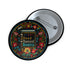 Round black pinback button with vibrant Mexican folk art-inspired embroidery design featuring red, yellow, blue and teal flowers surrounding a gold book spine with "Read Banned Books" text. Literary protest accessory with glossy finish and safety pin backing, available in 2" and 3" sizes.
