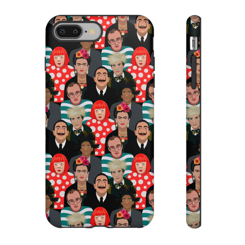 Stylish phone case with a colorful collage of iconic artists including Frida Kahlo, Warhol, Dali, and Keith Haring. Vibrant pop art design features stylized portraits on a dark background, perfect for art lovers.