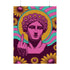 A rectangular wall art print featuring a bright pink classical statue bust centered on a dark burgundy background. The statue is raising a middle finger. Behind the head is a solid golden yellow halo and wavy retro rays in alternating teal and pink. It is surrounded by scattered vintage golden yellow daisy flowers with pink centers. The poster is printed on flat, high quality museum grade matte paper. This is the printed artwork only; a frame is not included. Ready for custom framing.