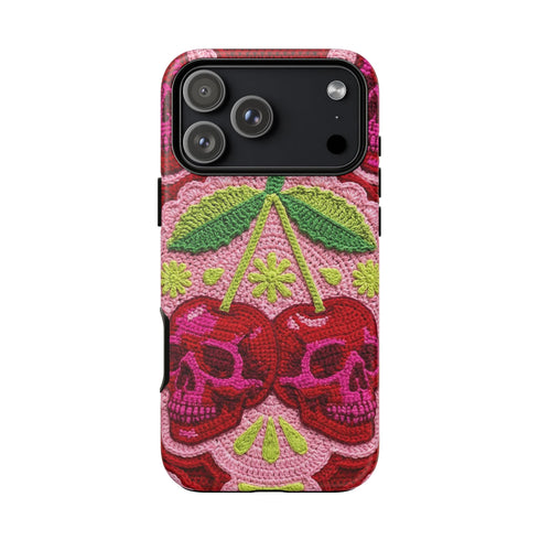 Faux Crochet Cherry Skull Phone Case | Pastel Goth Macabre Matte Cover