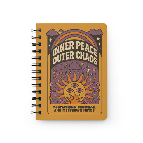 A glossy 5x7 inch spiral bound notebook featuring the phrase Inner Peace Outer Chaos in retro 70s typography. The cover showcases a vibrant psychedelic design on a mustard yellow background with a central trippy sun motif containing three mystical eyes. Below the sun, text reads Meditations, Mantras, and Meltdown Notes in bold black font. The journal has a durable black metal spiral binding and contains 150 lined pages for writing, shadow work, or daily planning.
