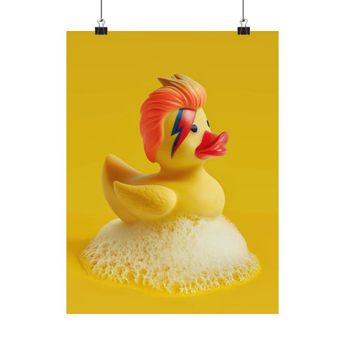 A retro-inspired print featuring a rubber duck styled after David Bowie’s Ziggy Stardust, complete with orange-red mullet and signature lightning bolt face paint. Surrounded by white bubbles, the piece is framed in soft purple and set on a wavy psychedelic wall in pink and orange.