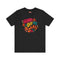 Black unisex t-shirt featuring vibrant "HANDS OFF MY RIGHTS" text design in multi-colored 3D-effect lettering. The words appear in red, yellow, teal, and pink with playful dots scattered around the text. The design has a vintage-inspired embroidery look on a soft cotton-polyester blend fabric. Available in Black and Heather Black options, sizes S-3XL, with a classic crew neck and short sleeves. Perfect for activism, protests, and making bold statements.