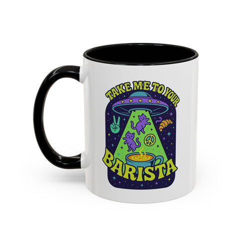 White ceramic coffee mug with a bright yellow handle and interior, featuring a printed alien abduction design with two purple cats, peace signs, and the phrase “Take Me to Your Barista” in green and purple text.