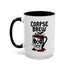 White ceramic coffee mug with “Corpse Brew” text and a spooky cartoon vampire face on a coffee pot. Available in black or orange handle and inner color variations. Standard 11 oz size. Glossy finish with a bold Halloween-inspired gothic design, perfect for horror fans, spooky coffee lovers, or goth kitchen aesthetics.