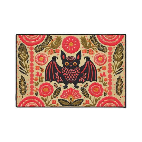 A rectangular beige doormat featuring a large, symmetrical folk art bat illustration in the center. The bat is black with coral red and mustard gold details that mimic the look of satin stitch embroidery. Surrounding the bat are stylized floral motifs in deep pink, coral, and olive green, arranged in a dense, decorative pattern. The texture visually resembles woven linen but is a smooth, flat print. The mat has a solid black trim border and is shown on a flat surface.
