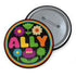 Vibrant ALLY pinback button featuring 70s-style embroidered flowers and lettering in pink, yellow, green, and blue against a black background, surrounded by a rainbow border. A colorful statement accessory combining punk activism and retro flower power aesthetics for backpacks, jackets, and protest wear.