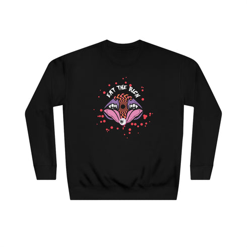 A black sweatshirt featuring a psychedelic "Eat the Rich" design with an eyeball and vampire teeth.