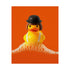 A fine art print of a rubber duck dressed like Alex from A Clockwork Orange, featuring a black bowler hat, blunt bob, and white suspenders. The duck floats in orange-tinged bubbles and is framed in white on a glossy pink tile bathroom shelf.