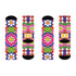Mid-calf crew sock with a bold 70s psychedelic floral print. The design mixes a red and white diagonal checkerboard with oversized retro flowers, including white daisies with bright yellow centers and a large hot pink bloom with a white inner layer, set over a royal blue background with green leafy foliage. The toe and heel are solid black. The fabric is a soft, stretchy printed knit, made as a one-size unisex statement sock for maximalist and dopamine dressing looks.