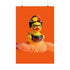 A vibrant fine art print of a rubber duck inspired by Frida Kahlo, complete with bold unibrow, floral crown, and traditional embroidered blouse. Framed in a red sculptural frame, the duck floats in orange-tinted bubbles against a deep orange backdrop and violet wall.