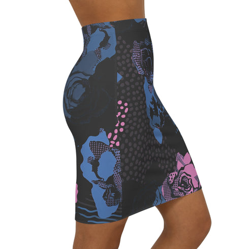 High-waisted black mini skirt with a bodycon fit, featuring a bold allover floral graphic print in pink and blue. Made of stretchy polyester-spandex blend with a smooth finish. Styled in various festival and streetwear looks. Available in sizes XS to XL.