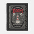 An 8.5 x 11 inch black hardcover spiral planner with a durable satin matte laminated finish. The front cover features a vintage-style white ornamental border, creating a gothic, macabre aesthetic. Inside the frame, the title "Calendar of Doom" is printed in an antique serif font. This undated weekly and monthly agenda is shown with a metal wire-o spiral binding on the right side. The design uses a black, white, and red color scheme, making it a unique piece of dark humor stationery