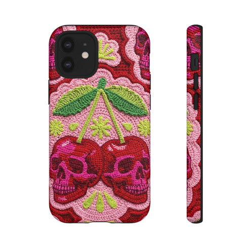 Faux Crochet Cherry Skull Phone Case | Pastel Goth Macabre Matte Cover