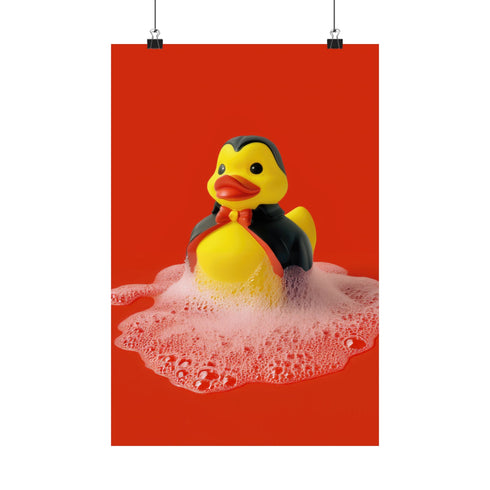 A spooky-yet-cute art print of a vampire-themed rubber duck dressed in a red-lined black cape and bowtie. Surrounded by white bath bubbles, the duck is framed in a red wavy-edged frame and held up against a burnt orange wall by a hand in a dramatic red sleeve.