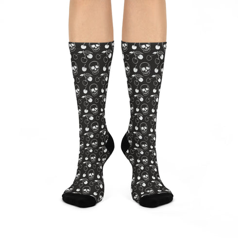 Black crew socks featuring a white skull and cherry pattern.