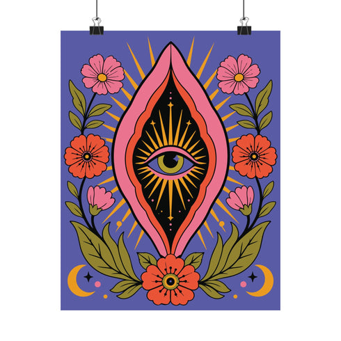 A vertical art print featuring a central pink yoni shape with a black interior containing a single eye. Golden yellow sun rays radiate from the center against a solid periwinkle blue purple background. The central motif is surrounded by a symmetrical botanical border of pink and red daisy flowers and green leaves, with two yellow crescent moons in the bottom corners. Printed on flat museum grade matte paper. This is the printed artwork only; a frame is not included. Ready to frame.