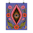 A vertical art print featuring a central pink yoni shape with a black interior containing a single eye. Golden yellow sun rays radiate from the center against a solid periwinkle blue purple background. The central motif is surrounded by a symmetrical botanical border of pink and red daisy flowers and green leaves, with two yellow crescent moons in the bottom corners. Printed on flat museum grade matte paper. This is the printed artwork only; a frame is not included. Ready to frame.