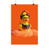 A vibrant fine art print of a rubber duck inspired by Frida Kahlo, complete with bold unibrow, floral crown, and traditional embroidered blouse. Framed in a red sculptural frame, the duck floats in orange-tinted bubbles against a deep orange backdrop and violet wall.
