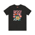 Black unisex t-shirt with "Resist" in bold, embroidered-style floral print. Political activism shirt with a vintage, handcrafted feel.