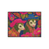 A rectangular non-slip doormat with a black trimmed edge. The mat features a vibrant, colorful folk art illustration on a dark navy blue background with a faux embroidered texture. The design depicts two friendly opossums, rendered in an olive green color with white faces and pink noses. They are surrounded by large, stylized flowers and leaves in shades of hot pink, red, turquoise, and yellow, creating a busy, maximalist pattern. The overall aesthetic is eclectic, whimsical, & highly detailed.