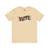 Election 2024 t-shirt with "VOTE" printed in large, colorful letters. Each letter features a different color from the rainbow spectrum, styled in a groovy 70s-inspired font.