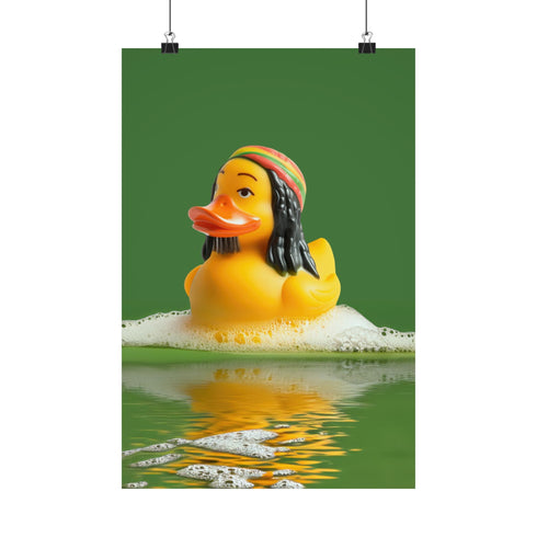 A fine art print of a rubber duck inspired by Marley, featuring black dreadlocks and a red-yellow-green beanie. The duck floats in bath bubbles with its reflection in green-tinted water. Displayed in a white and red frame on a soap-covered shelf in a bold red tile bathroom with a lightning-bolt soap dispenser.