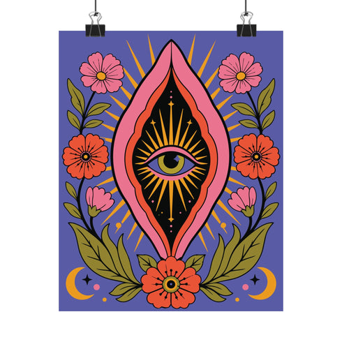 A vertical art print featuring a central pink yoni shape with a black interior containing a single eye. Golden yellow sun rays radiate from the center against a solid periwinkle blue purple background. The central motif is surrounded by a symmetrical botanical border of pink and red daisy flowers and green leaves, with two yellow crescent moons in the bottom corners. Printed on flat museum grade matte paper. This is the printed artwork only; a frame is not included. Ready to frame.