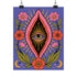 A vertical art print featuring a central pink yoni shape with a black interior containing a single eye. Golden yellow sun rays radiate from the center against a solid periwinkle blue purple background. The central motif is surrounded by a symmetrical botanical border of pink and red daisy flowers and green leaves, with two yellow crescent moons in the bottom corners. Printed on flat museum grade matte paper. This is the printed artwork only; a frame is not included. Ready to frame.