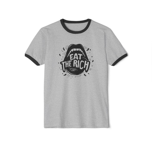 Heather gray ringer t-shirt with black contrast trim on the collar and sleeve cuffs. The front features a bold black graphic of an open mouth with the phrase "EAT THE RICH" in capital letters, integrated into the teeth. Surrounding the design are hand-drawn lines and accents, giving it a raw, punk-inspired aesthetic. The t-shirt has a vintage-inspired fit, made from soft cotton fabric with a slightly relaxed silhouette. The high-contrast black and gray design enhances the statement-making impact of the grap