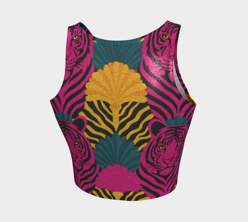 Vibrant Y2K maximalist crop top featuring bold pink tiger faces, tropical leaves, and geometric patterns in bright magenta, yellow, teal, and black colors. Perfect festival rave wear, alternative fashion, and retro summer styling for women who love aesthetic streetwear and unique animal print outfits